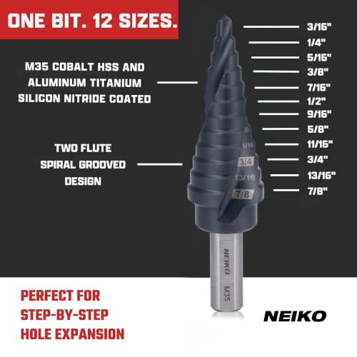 Image of NEIKO 10609B Step Drill Bit, 12 Steps 3 /16 inch to 7 /8 inch Spiral M35 Cobalt, AlTiSiN Coated, 3 /8 inch Tri-Flat Step Bits for Steel, Metal, Wood, Plastic, Unibit Cone Drill Bits, Two Flute