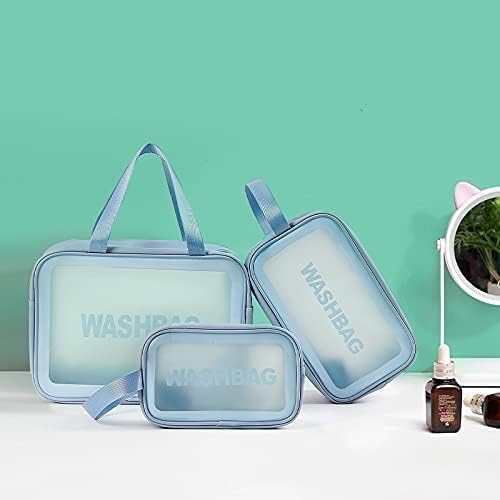 Image of KASHIVAL 3-Piece Clear Travel Toiletry Bags Set, Waterproof Transparent Makeup Organizer Pouches with Zipper, Large Medium Small Cosmetic Storage Cases with Carrying Handle (Blue)