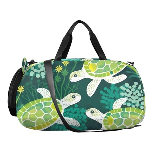 YETTASBIN Sport Travel Duffel Bag for Girls Boys, Green Turtle Large Waterproof Weekender Overnight Bag, Detachable Shoulder Strap Gym Bag with Shoe Compartment & Wet Pocket2