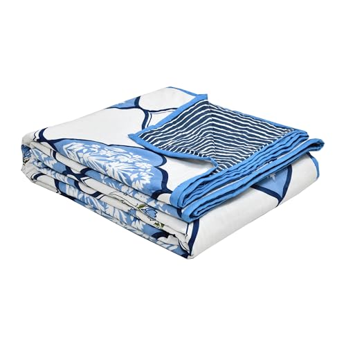 Image of BLOCKS OF INDIA 100% Cotton Dohar King Size Reversible Hand Block Printed Malmal Summer Dohar /Blanket (MUGHAL Blue)