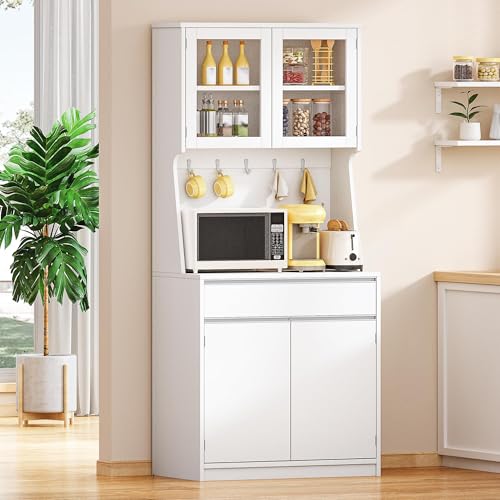 Hzuaneri Küchenschränke, Buffetschrank, Hochschrank mit Arbeitsplatte und 4 Staufächern, Verstellbare Einlegeböden, Geeignet für Küche oder Wohnzimmer, 40 × 75 × 180 cm, Hanf-Weiß, PT40003X