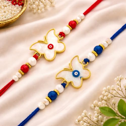Image of Riddhika Ventures Elegant Evil Eye Rakhi for Protection from Negative Energy (Set Of 2) With Roli Chawal And Greeting Card (T1U1)