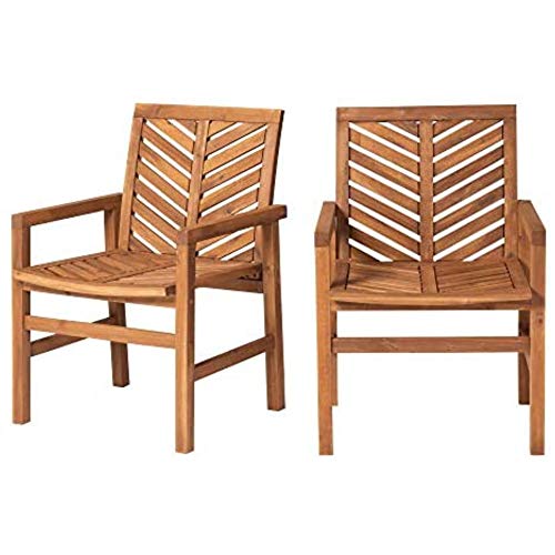 Walker Edison 2 Piece Outdoor Patio Chevron Wood Chair Set All Weather Backyard Conversation Garden Poolside Balcony, Set Of 2, Brown #TOP2