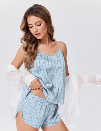 Image of Ekouaer Silk Pajamas for Women Satin Cami V Neck Camisole Shorts Pjs Set | Adjustable Strap Sleepwear Lingerie Sets for Women for Wedding, Party, Home, Daily Wear, Honeymoon