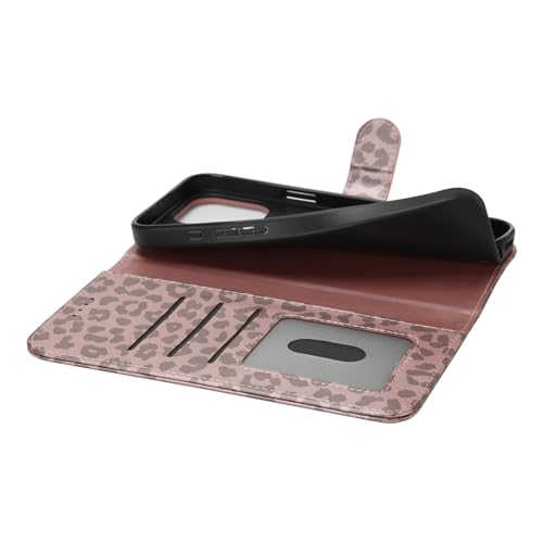 Image of for iPhone 15 Pro Case Wallet with Card Holder,for iPhone 15 Pro Wallet Case for Women Men,PU Leather Shockproof Magnetic Buckle Stand Flip Phone Case-Rose Gold Leopard