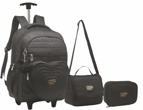 Kit Mochila Feminina De Rodinha Coração Juvenil Escolar Com Chaveiro (PRETO) - Genérico