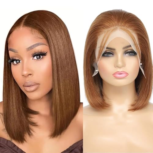 OLFORY 13x4 Lace Front Wigs Human Hair Bob Wigs for Black Women Straight Bob Wig HD Lace Front Wigs Human Hair Pre Plucked 180% Density Transparent Lace Frontal Wig Short Bob (Brown, 14 inch)
