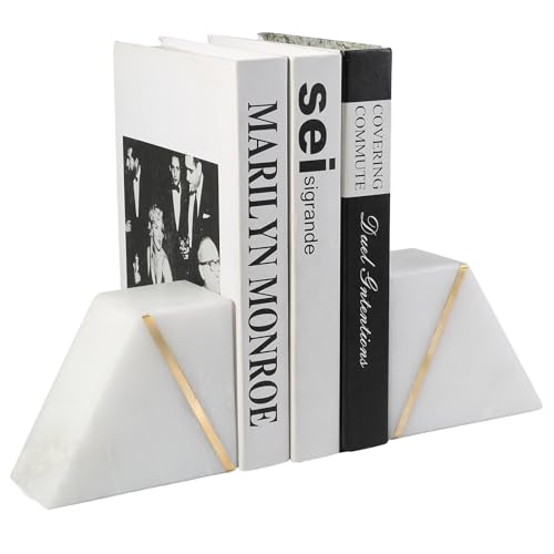 Natural Marble Bookends for Shelves, Decorative Book Ends for Heavy Books, Heavy Duty Mid Century Modern White and Gold Stone Book Holders with Brass Inlay, Unique Bookshelf Stopper Decor, Set of 2