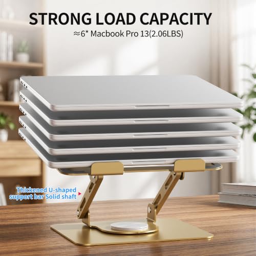 Image of SOUNDANCE 360 Rotating Laptop Stand, Ergonomic Computer Riser for Desk, Adjustable Height Multi-Angle Metal Holder, Foldable Portable Notebook Elevating Base for Office & Home, Gold