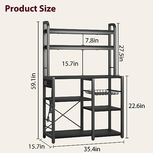 GarveeHome Microwave Stand Bakers Rack with Power Outlet, Kitchen Baker Rack with Wire Basket, 6-Tier Large Freestanding Utility Storage Shelf for Kitchen Dining Living Room, Rustic Black