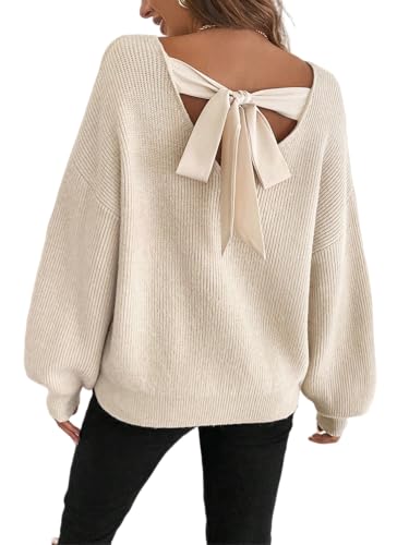 Women's Off The Shoulder Pullover Bow Tie Crew Neck Long Sleeve Sweater Cute Trendy Cozy Sweaters