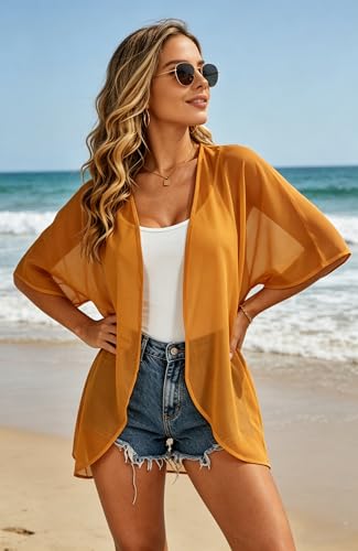 Image of FINOCEANS Womens Floral Chiffon Kimono Cardigans Loose Beach Cover Up Half Sleeve Tops