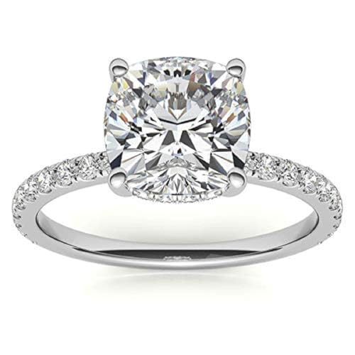 2CT-4CT Cushion Cut Moissanite Handmade Wedding Ring for Women Solitaire Hidden Halo Engagement Ring, Gift for Her