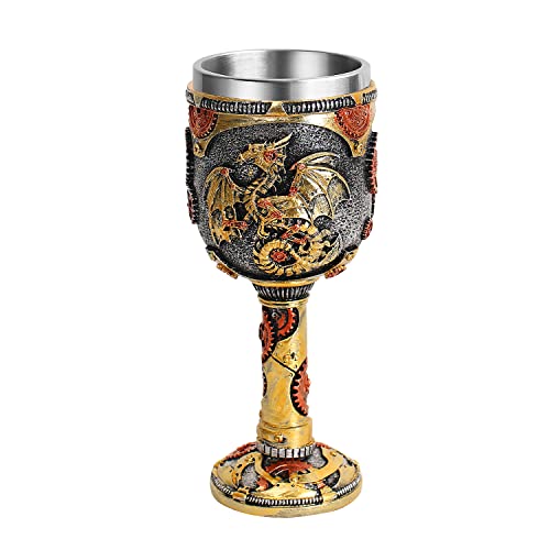 Acero inoxidable medieval Steampunk Dragon Cáliz, Mazmorras y Dragones Gear Cyborg Gold Dragon Goblet Copas de vino 210 ml Regalo para hombre Cover