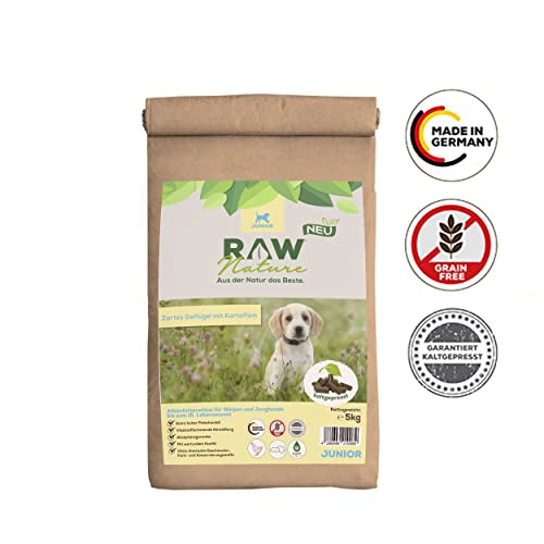 RAW Nature Trockenfutter JUNIOR mit Huhn 5kg, kaltgepresstes Hundefutter, Getreidefrei, 100% Muskelfleisch, hoher Fleischanteil, ohne künstliche Zusätze, für alle Rassen und Sensible Hunde geeignet