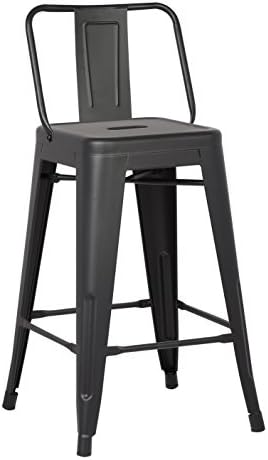 AC Pacific Modern Industrial Metal Bar Stool, Bucket Back and 4 Leg Design Ideal for Kitchen Island or Counter Top, Set of 2, 24" Seat, Matte Black