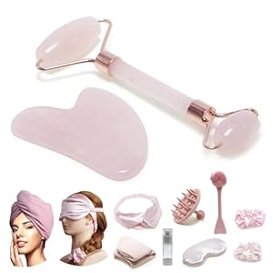 100% Rose Quartz Ornament Pink Jade Roller Massage suits, Anti-Aging Beauty Tools for Slimming，Gua Sha Set Face, Eyes, Neck ,Body Skin Care – Face Women Gift(10PCS) (pink), 10 Piece