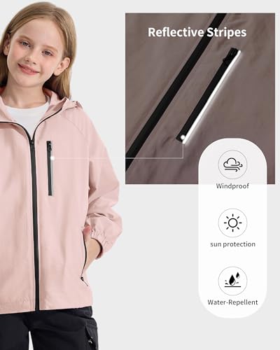 Image of Rolanko Girls Rain Jacket Lightweight Waterproof Hooded Kids Raincoat 6-16 | Kids Windbreaker, Water-Repellent, Sealed Zip Pockets, Reflective Strips, Extended Hood, Outdoor, School Daily, Travel