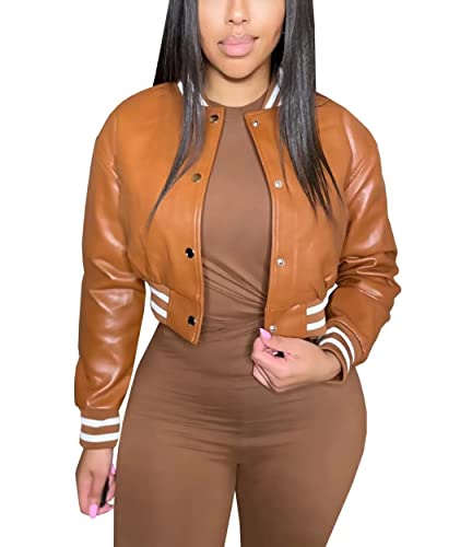 Image of Women Cropped Bomber Jacket Varsity Button Down Baseball Coat Streetwear | Long Sleeve Lightweight Casual Cropped Jacket With Pockets, Spring Autumn Outwear Y2K School Bomber Jackets for Women
