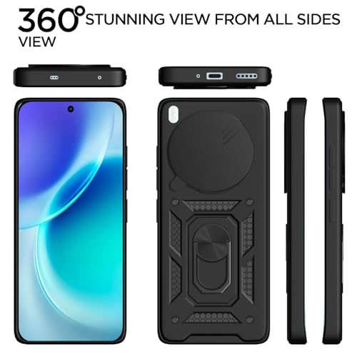 Image of Pikkme Back Cover for Vivo X300 5G | 360 Protection Case | Sliding Camera Shield Cover & Ring Holder Stand D10 Tough Armor Bumper Case (Black)
