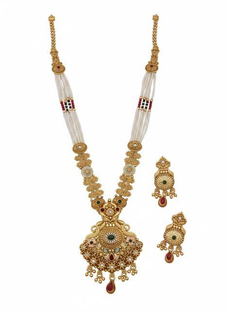 Traditional Gold Plated Multi-Strand Pearl Rani Haar for Women, Long Necklace Set with Heavy Chandbali Pendant, Ethnic Pearl Beaded Bridal Jewelry for Weddings & Festivals-image-6