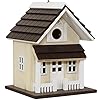 Sunnydaze Solar Hanging Outdoor Bird House - Cozy Home Decorative Wooden Bird House with LED Solar Light - Pine Plywood Bird House for Small Birds - Cream - 9.25-Inch