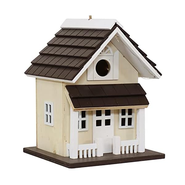 Sunnydaze Solar Hanging Outdoor Bird House - Cozy Home Decorative Wooden Bird House with LED Solar Light - Pine Plywood Bird House for Small Birds - Cream - 9.25-Inch