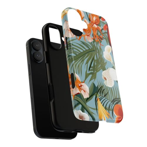 Coque rigide iPhone 16 Plus motif feuillage tropical vert et orchidées brillantes