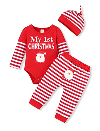 bilison Baby Boys My 1st Christmas Newborn Long Sleeve Striped Pants Hat Sets Romper Outfit, Red Stripe B, 3-6 Months