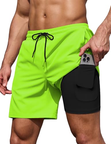 COOFANDY Mens Swim Trunks 7 Inch Board Shorts Swimwear Summer Beach 5 Inch Quick Dry Lined Bathing Suits Neon Fluorescent Green