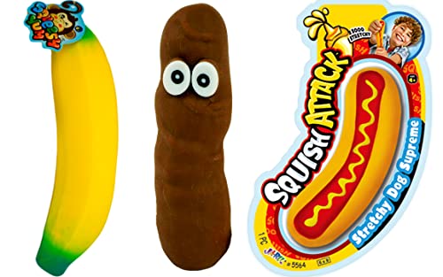 JA-RU 3-Pack Squishy Toy Bundle - Stretchy Banana, Squishy Carrot & Funny Poop Toy | Squishy Fidget Toys for Kids, Sand Filled Stress Toy, Banana Party Favors. 6448-3340-3342p
