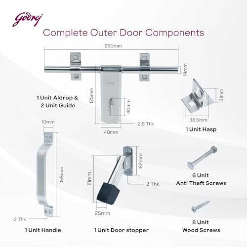 Image of Godrej Door Fittings |SS Door Kit | 2N Handle, 2N Aldrop, Tower Bolt, Rubber Door Stopper | Glossy Finish, Heavy Duty Anti-Rust | Main Doors & Internal Doors, Bedroom | Screws are Included