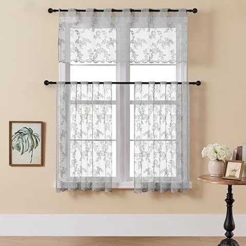 Tony's collection Sheer Curtains Silver for Living Room 36 inches Long Rod Pocket Kitchen Curtain Valance and Tiers Set for Basement Half Window Curtain (52X18+26X36 Inch, Silver, 3 Pieces) Cover