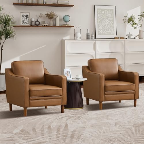 Kingfun Accent Chair Set of 2, Living Room Chairs, Faux Leather Reading Armchair, Mid Century with Solid Wood Foot, Upholstered Modern Decor for Bedroom, Apartment, Brown