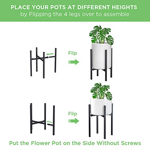 Adjustable Metal Plant Stand 9.5 to 15 inches, Mid Century Modern Plant Stand 15 inches in Height, Indoor & Outdoor Plant Stand, Fit 10 11 12 13 14 15 inch Pots Pot & Plant Not Included, Black - Thumbnail 2