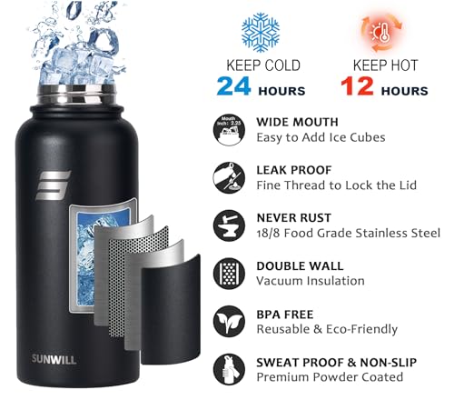 SUNWILL Insulated Water Bottle with Straw, 32 oz Vacuum Stainless Steel Metal Sports Water Bottle with Straw and Spout lid, Wide Mouth, Leak proof, Powder Coated Black - Image 4