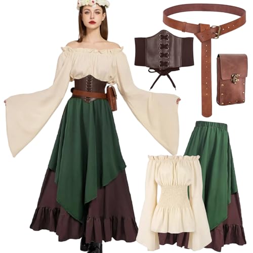 kasahara 5pcs Mittelalter Kleidung Damen Set, Retro Off Shoulder Bluse Kleid Renaissance Kostüm Victorian Bekleidung Maxi Dressm mit Corsett, Gürteltasche, Gürtel, Karneval Faschingskostüm (Green, M)