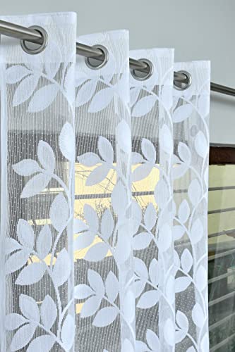 Image of Net Transparent Window Curtain Drapes 5Ft 1 Piece | Sheer Curtain Drapes for Living Room Bedroom Kitchen Balcony | Tissue Light Filtering Panels for Home Office, 4x5 Feet, White Leaves