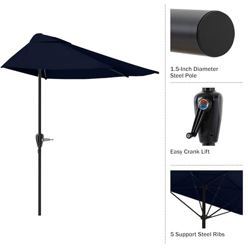 Image of Half Umbrella Outdoor Patio Shade - 9 ft Patio Umbrella with Easy Crank - Small Canopy for Balcony, Table, or Deck by Pure Garden (Navy Blue)