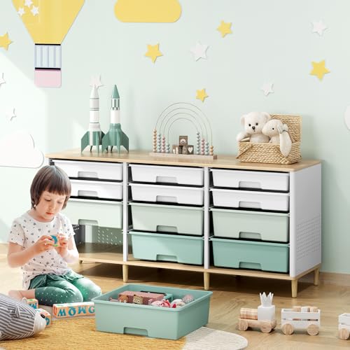 12 Drawers Storage Cabinet with Wooden Top and Plastic Bins, Toy Storage Organizer Toy Shelf Storage Chest Cubby Organizer for Home, Office, Playroom, Classroom & Craft Room Storage (Green)