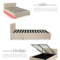 tectake® Polsterbett, 140x200cm, LED Beleuchtung, Fernbedienung, Belastbarkeit 250 kg, Stauraum, Gasdruckfeder, Chesterfield, Doppelbett, Bettgestell, Lattenrost, Schlafzimmermöbel - Samtoptik Sand – Ansicht 4