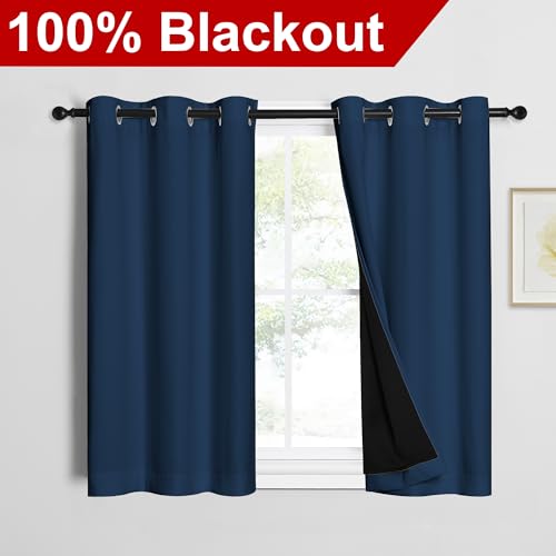 Image of NICETOWN 100% Blackout Short Curtains with Black Liners, 2 Panels, 37 inch W by 40 inch L, Moroccan Blue, Thermal Insulated Full Blackout 2-Layer Lined Drapes, Energy Efficiency Window Draperies for Bedroom