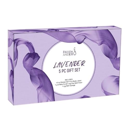 Freida and Joe Fragrance Bath & Body Collection Gift Box, Includes Shower Gel, Body Lotion, Body Scrub, Bath Bomb & Sponge (Lavender) – for Mom 7-Piece