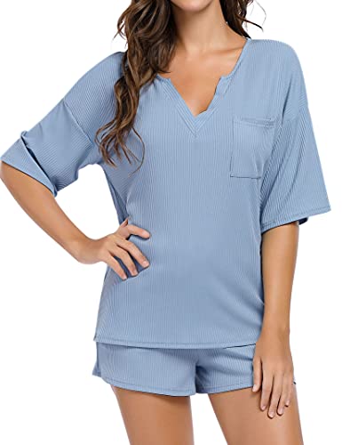 Coolmee Womens V Neck Lounge Sets Half Sleeve Pajamas Shorts Set Ribbed Summer Loungewear 2 Piece Outfits Blue