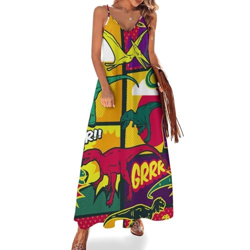 Robe longue femme ete sans manches imprimée dinosaure colore voyage