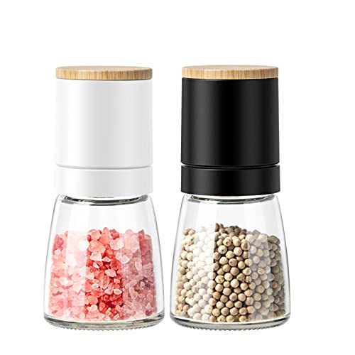 LTLWSH Moulin à Poivre, Moulin à sel et Poivre avec Corps en Verre, Broyeur Manuel en céramique réglable Broyeur à épices pour Herbes Convient pour Le Gros sel de mer, Le Poivre,Black White Set