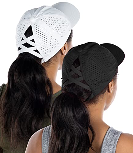 Funky Junque Women's Adjustable Criss Cross Ponytail Hat Funny Messy Bun Ball Cap - 2 Pack - Laser Cut Black & White