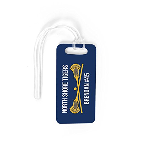 ChalkTalkSPORTS Guys Lacrosse Luggage & Bag Tag | Personalized Text with Crossed Lax Sticks | Standard Lines on Back | Small | Navy/Gold