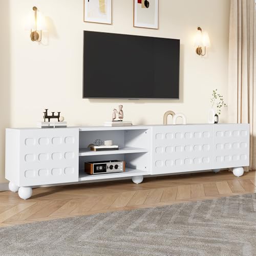 Mueble de TV blanco de 200 cm, mueble bajo para televisores de hasta 80 pulgadas, aparador con 3 puertas y patrón de diseño, mesa de televisión con 5 patas, tabla de TV extra ancha para sala de estar