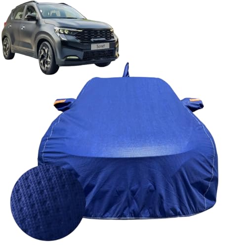 Image of Car Cover Compatible for Kia Sonet (2020-2026) | 100% Waterproof Cover with Antenna & Reflective Mirror Pockets | Dustproof, Scratchproof, Heatproof Sonet Car Cover|Soft Cotton Lining| Blue